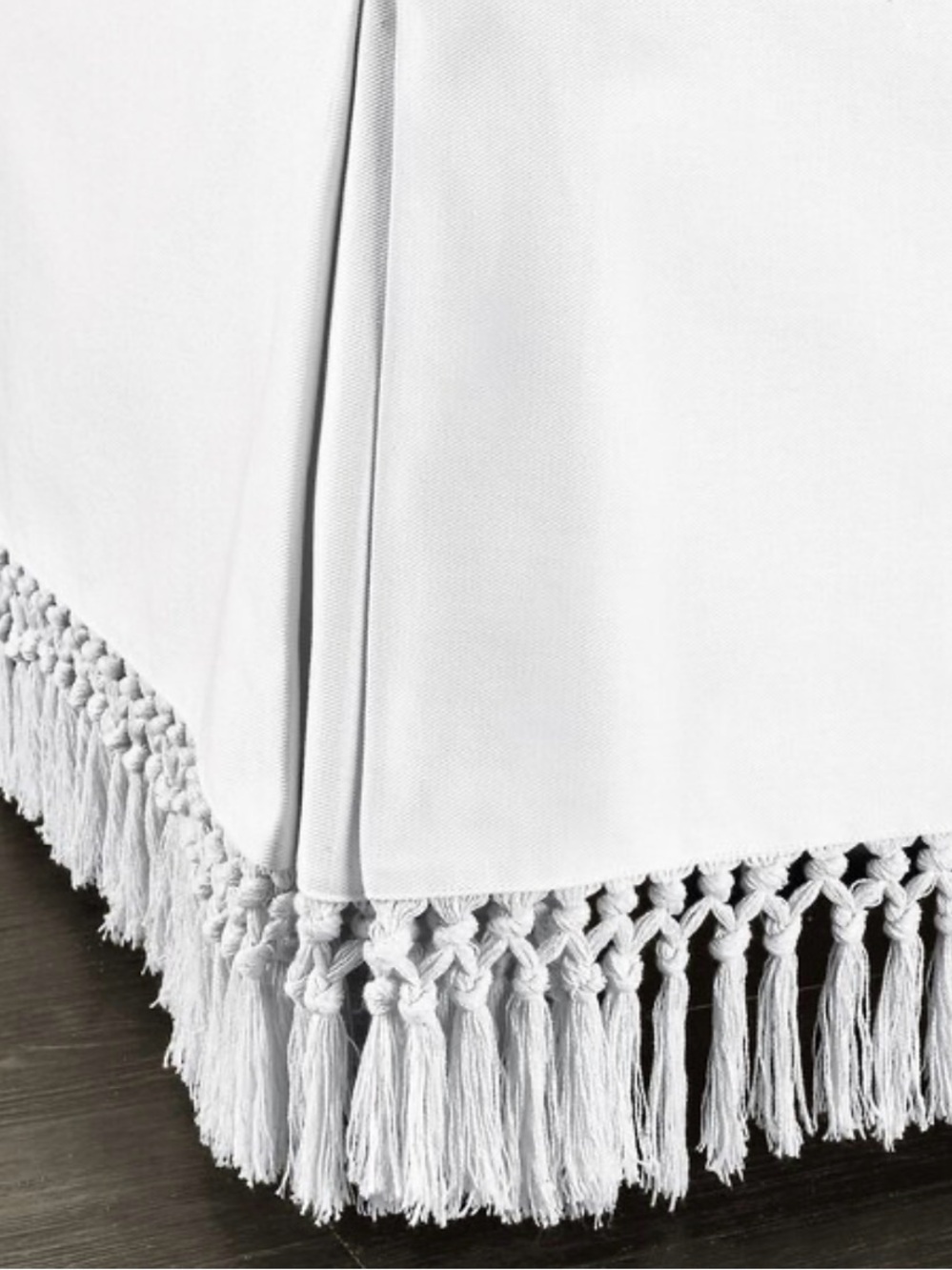 White Bed Skirt with Knotted Fringe. Macrame Fringed Bedskirt